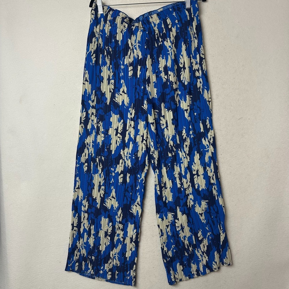 Joie Blue Cream Abstract Floral Pleated Wide Leg Pants Plus Size 1X Elastic